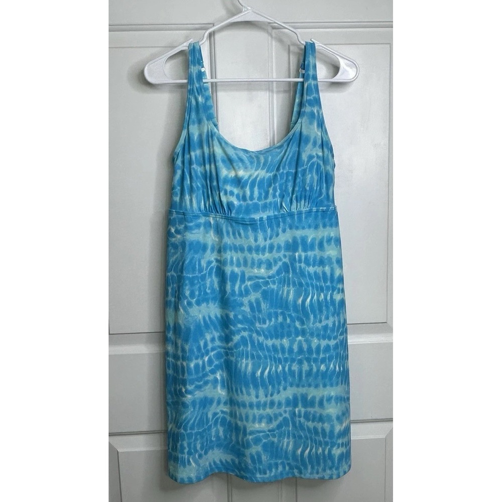 Lands End Swimdress + Shorts Womens 14 One Piece Swimsuit Aqua Blue Tie-dye